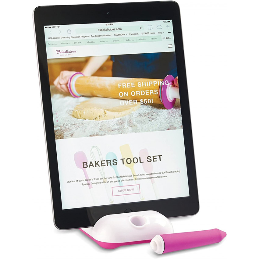 SUPPORT DE TABLETTE AVEC STYLET BLANC ET ROSE