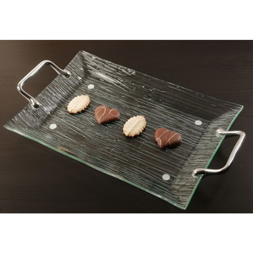 PLATEAU EN VERRE AVEC POIGNÉES ARGENT 35 CM X 25 CM
