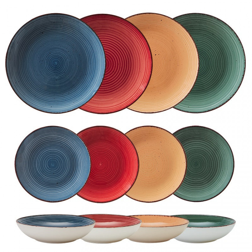 VAISSELLE 12 PIÈCES 4 COUVERTS COULEURS ASSORTIES BURANO