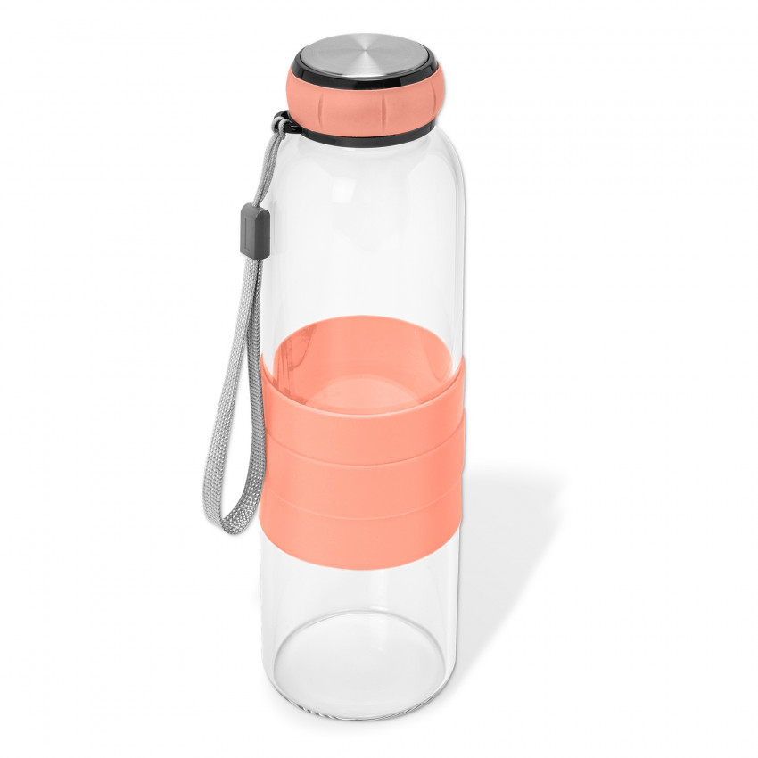BOUTEILLE EN VERRE 550ML AVEC MANCHON EN SILICONE CORAIL