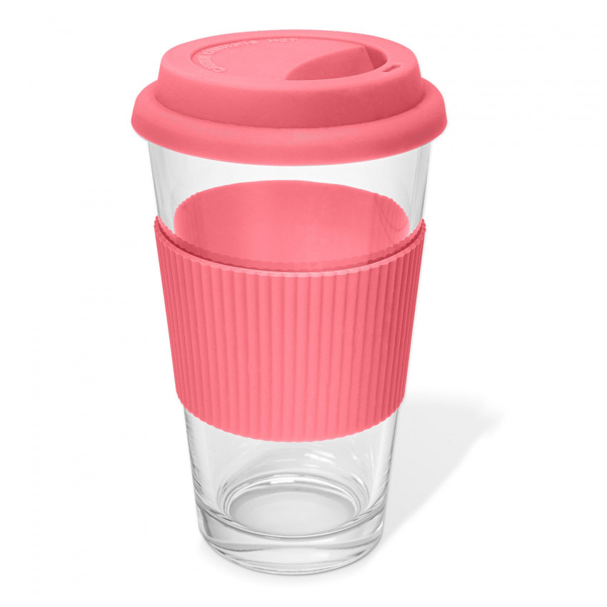 TASSE DE VOYAGE EN VERRE 475ML MANCHON EN SILICONE ROSE
