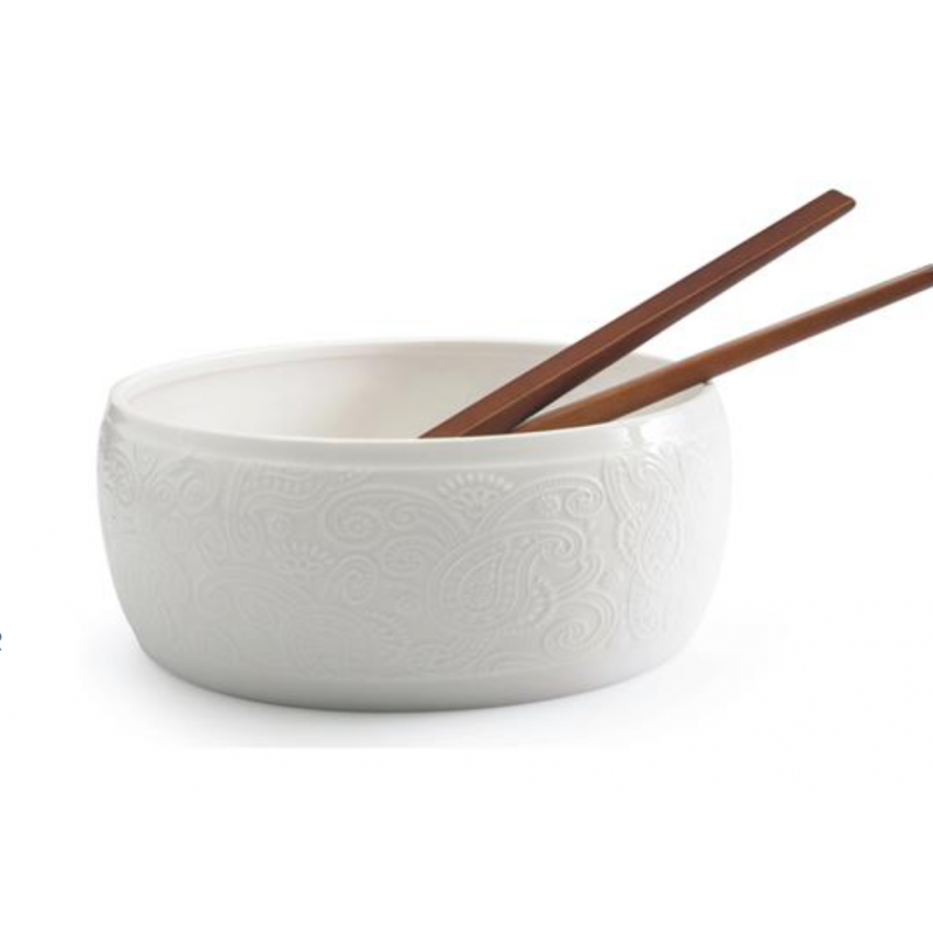 BOL À SALADE EN PORCELAINE 22 CM AVEC COUVERTS EN ACACIA